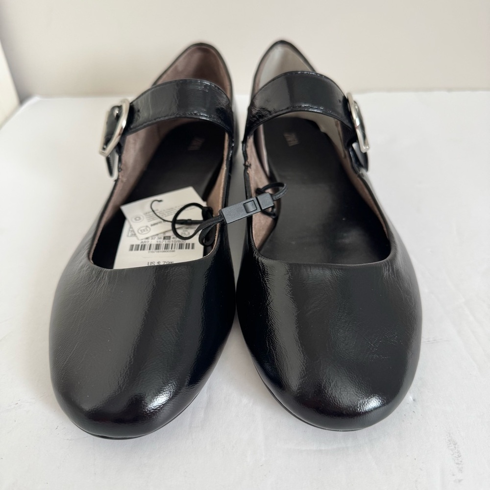 NWT ZARA LEATHER BUCKLE BALLET FLATS in BLACK size 39 /9 - Picture 10 of 16